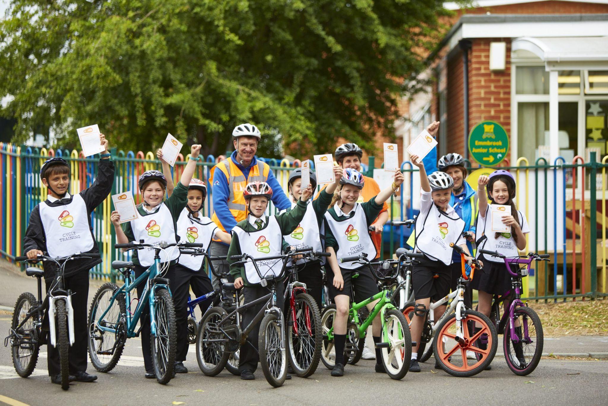Children participating in Bikeability road training
